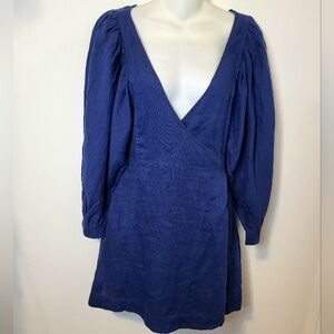 Free People Carino Mini Dress Navy Marin Linen Wrap Dress NWT Sm